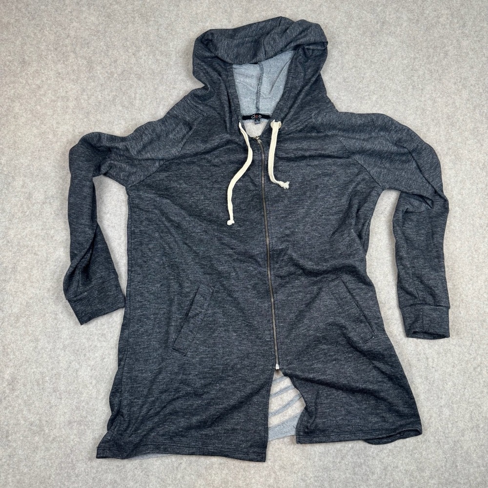 Cleo Zip Up Hoodie Womens Large Gray Shredded‎ Back Longline Sweatshirt